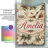 Vintage Santa Gifts Holly Snowflakes Festive Christmas Holiday  Personalised Custom Name Super Soft Fleece Blanket Bed Sofa Throw
