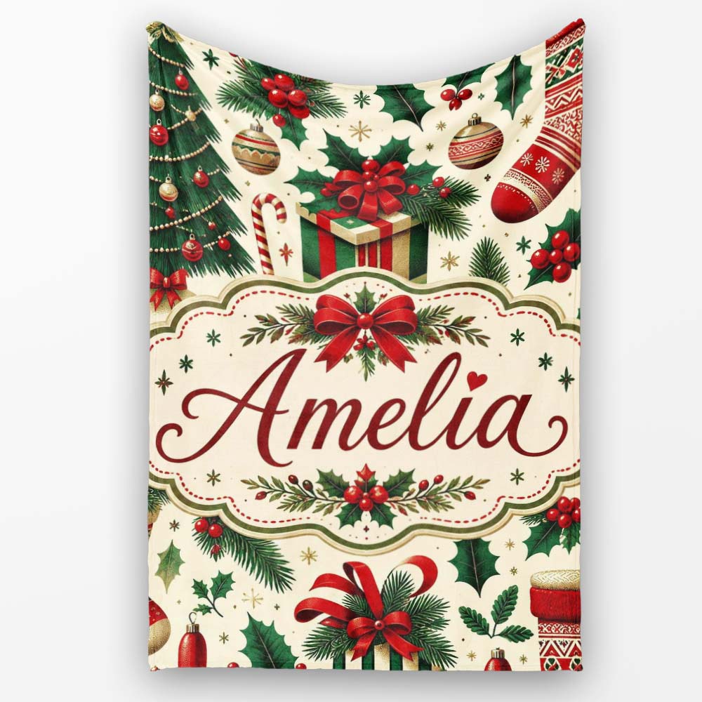 Christmas Gift Boxes Candy Cane Holly Stockings Festive Holiday  Personalised Custom Name Super Soft Fleece Blanket Bed Sofa Throw