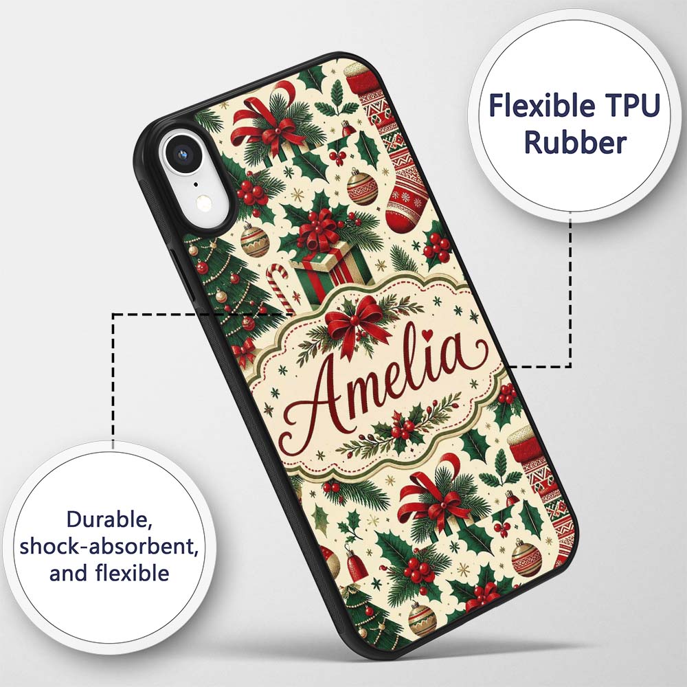 Christmas Gift Boxes Candy Cane Holly Stockings Custom Name Protective Phone Case Mobile Cover Durable Everyday Smartphone Shock Resistant