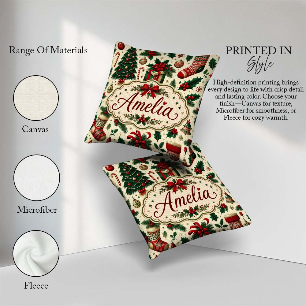 Custom Name Christmas Boxes Candy Cane Stockings Festive Holiday Square Filled Cushion Throw Pillow Sofa Bed Home Decor Zip Washable UK Made