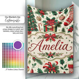 Christmas Gift Boxes Candy Cane Holly Stockings Festive Holiday  Personalised Custom Name Super Soft Fleece Blanket Bed Sofa Throw