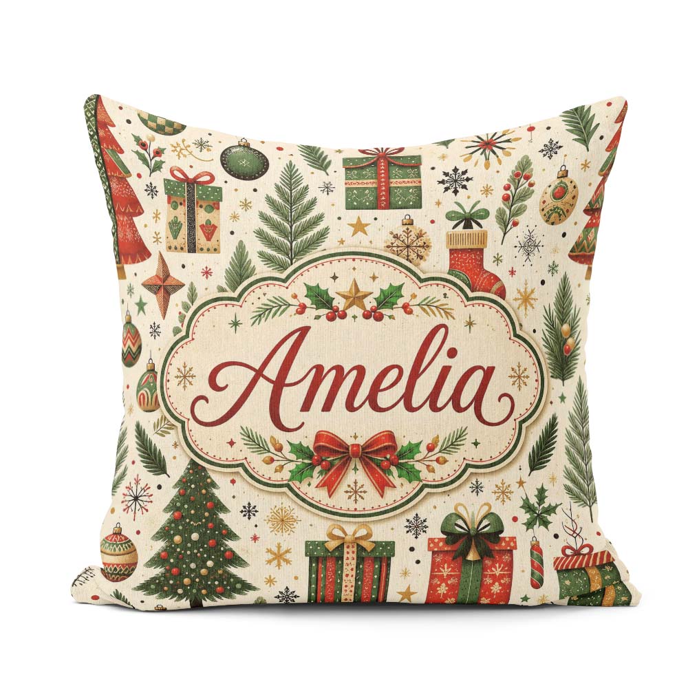 Custom Name Festive Trees Baubles Gifts Seamless Pattern Holiday Square Filled Cushion Throw Pillow Sofa Bed Home Decor Zip Washable UK Made