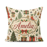 Custom Name Festive Trees Baubles Gifts Seamless Pattern Holiday Square Filled Cushion Throw Pillow Sofa Bed Home Decor Zip Washable UK Made