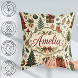 Custom Name Festive Trees Baubles Gifts Seamless Pattern Holiday Square Filled Cushion Throw Pillow Sofa Bed Home Decor Zip Washable UK Made