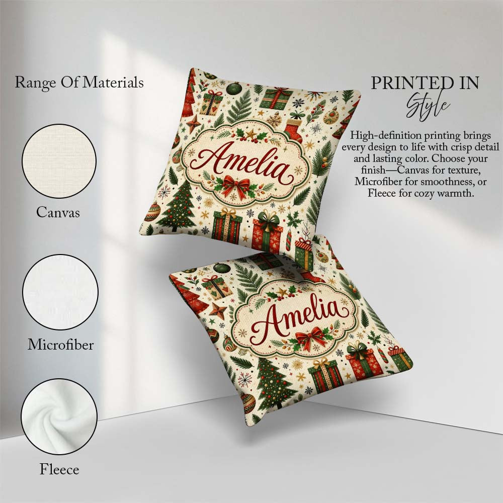 Custom Name Festive Trees Baubles Gifts Seamless Pattern Holiday Square Filled Cushion Throw Pillow Sofa Bed Home Decor Zip Washable UK Made