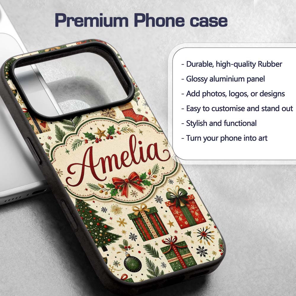 Festive Christmas Trees Baubles Gifts Seamless Custom Name Protective Phone Case Mobile Cover Durable Everyday Smartphone Shock Resistant