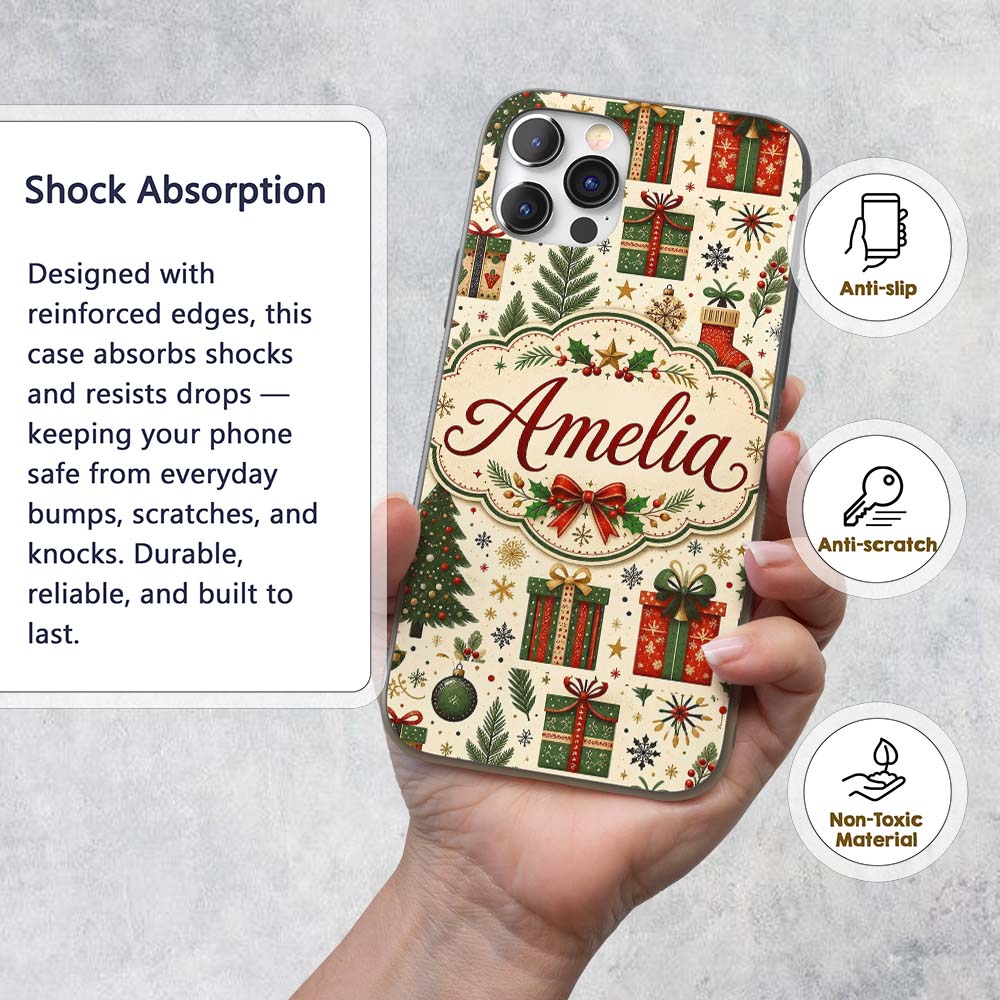Festive Christmas Trees Baubles Gifts Seamless Custom Name Protective Phone Case Mobile Cover Durable Everyday Smartphone Shock Resistant