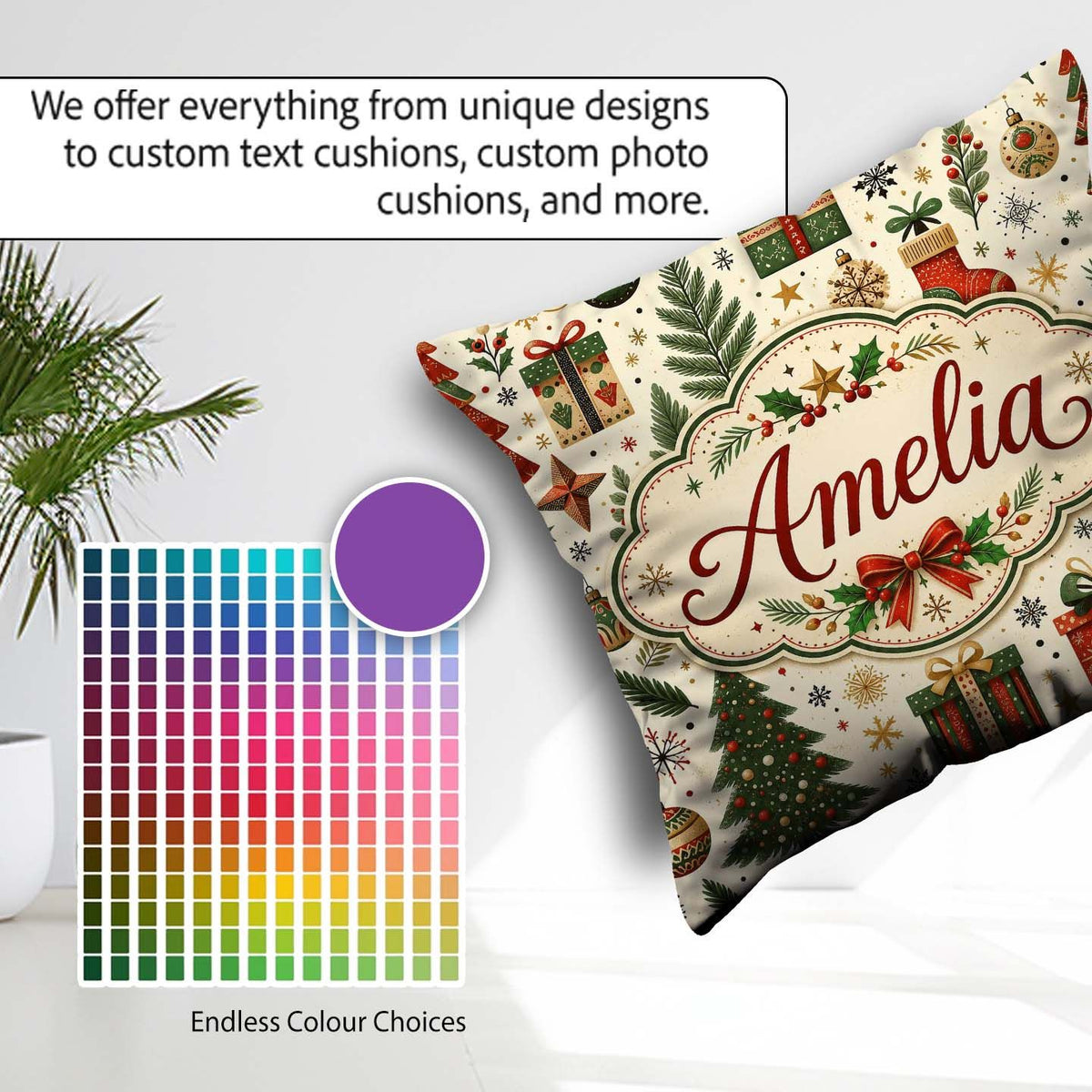 Custom Name Festive Trees Baubles Gifts Seamless Pattern Holiday Square Filled Cushion Throw Pillow Sofa Bed Home Decor Zip Washable UK Made