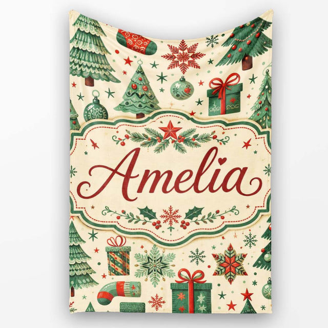 Christmas Trees Snowflakes Ornaments Festive Holiday Winter Design  Personalised Custom Name Super Soft Fleece Blanket Bed Sofa Throw