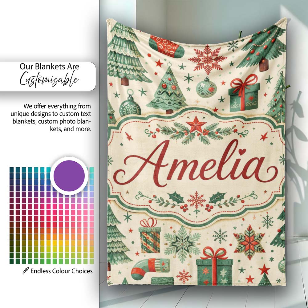 Christmas Trees Snowflakes Ornaments Festive Holiday Winter Design  Personalised Custom Name Super Soft Fleece Blanket Bed Sofa Throw