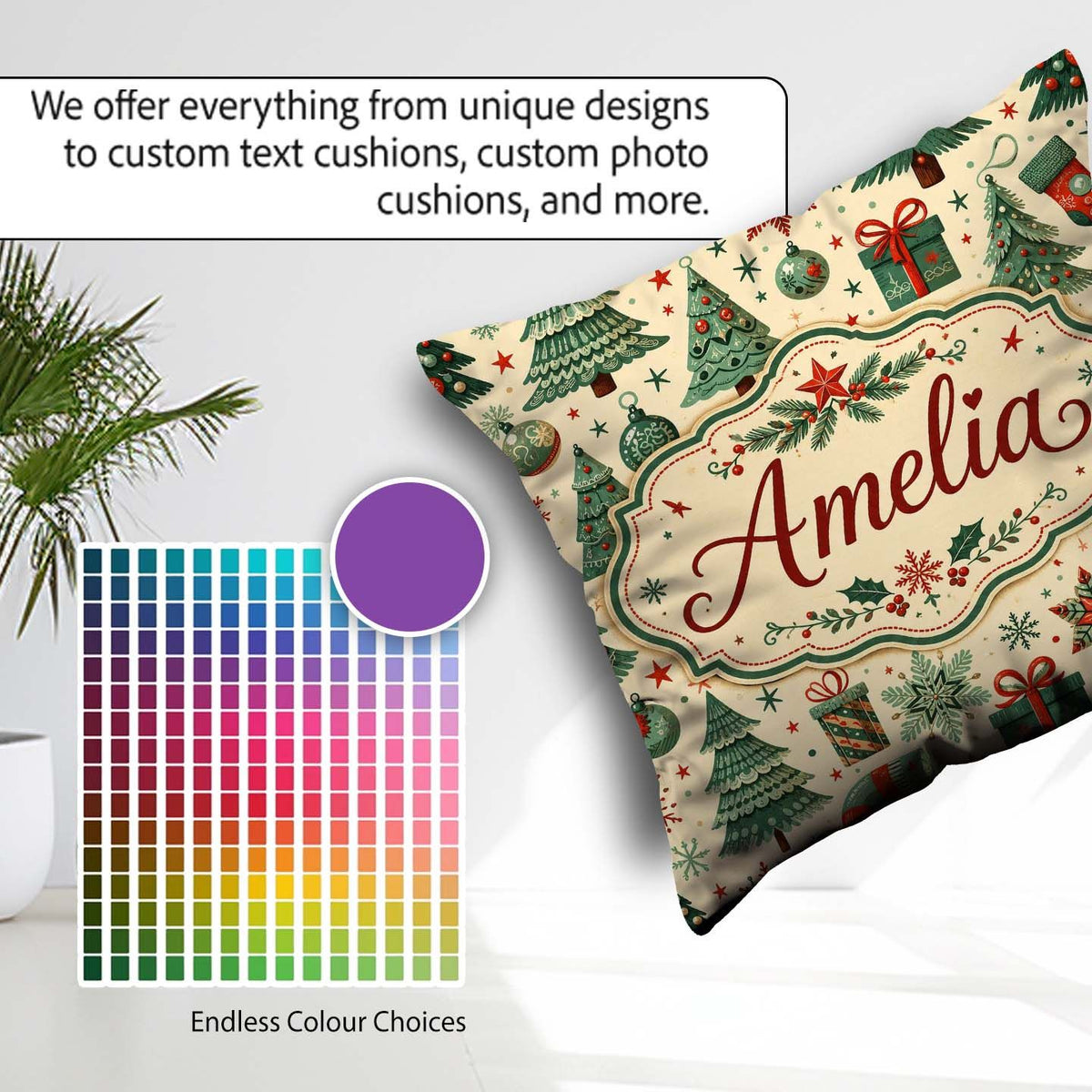 Custom Name Christmas Trees Snowflakes Ornaments Festive Holiday Square Filled Cushion Throw Pillow Sofa Bed Home Decor Zip Washable UK Made