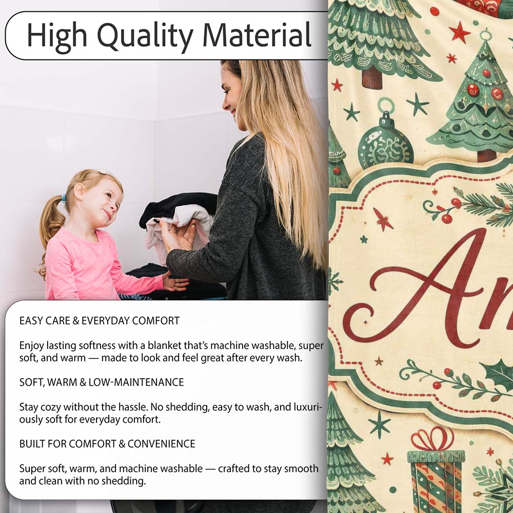 Christmas Trees Snowflakes Ornaments Festive Holiday Winter Design  Personalised Custom Name Super Soft Fleece Blanket Bed Sofa Throw