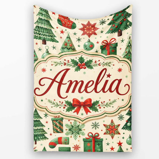 Cute Christmas Trees Stockings Snowflakes Festive Holiday Design  Personalised Custom Name Super Soft Fleece Blanket Bed Sofa Throw