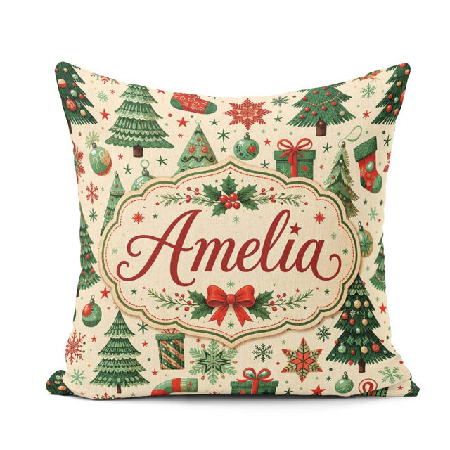 Custom Name Christmas Trees Stockings Snowflakes Festive Holiday Square Filled Cushion Throw Pillow Sofa Bed Home Decor Zip Washable UK Made