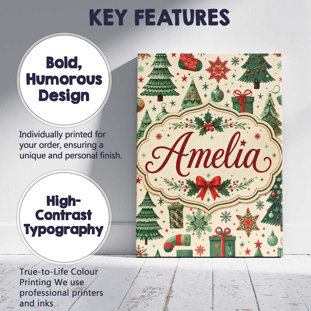 Personalised Name Cute Christmas Trees Custom  Modern Room Accent Elegant Feature Canvas Wall Art Print Decor Picture Ready to Hang