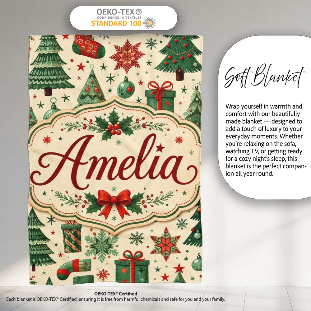 Cute Christmas Trees Stockings Snowflakes Festive Holiday Design  Personalised Custom Name Super Soft Fleece Blanket Bed Sofa Throw