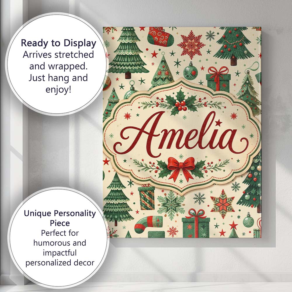 Personalised Name Cute Christmas Trees Custom  Modern Room Accent Elegant Feature Canvas Wall Art Print Decor Picture Ready to Hang