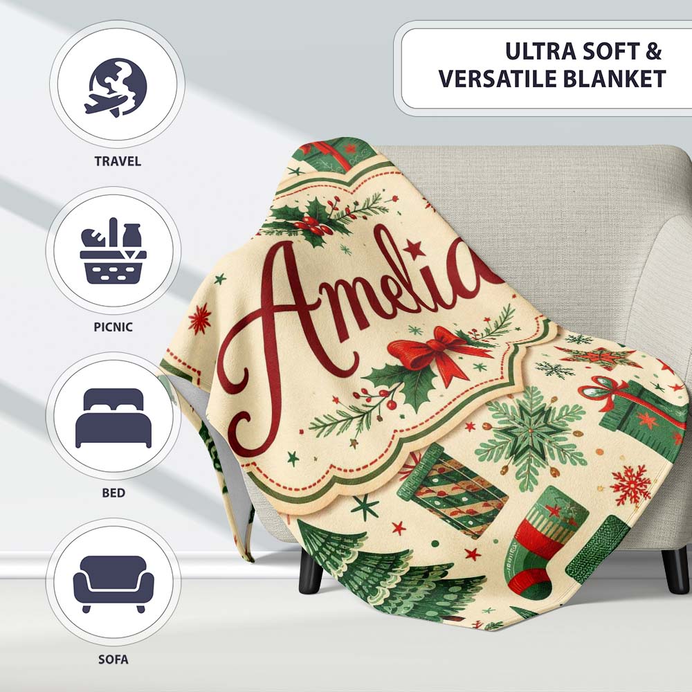 Cute Christmas Trees Stockings Snowflakes Festive Holiday Design  Personalised Custom Name Super Soft Fleece Blanket Bed Sofa Throw