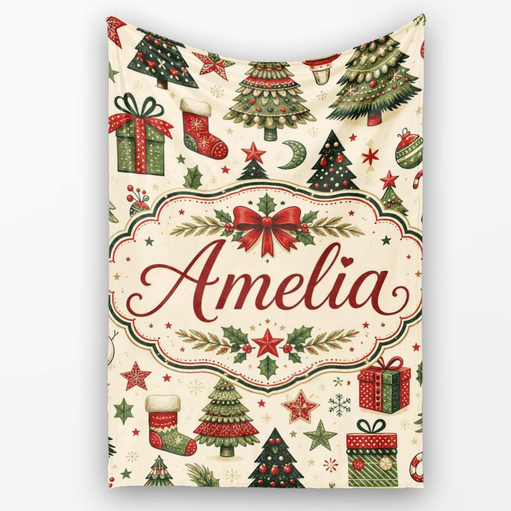 Elegant Christmas Trees Baubles Stars Seamless Pattern Festive  Personalised Custom Name Super Soft Fleece Blanket Bed Sofa Throw