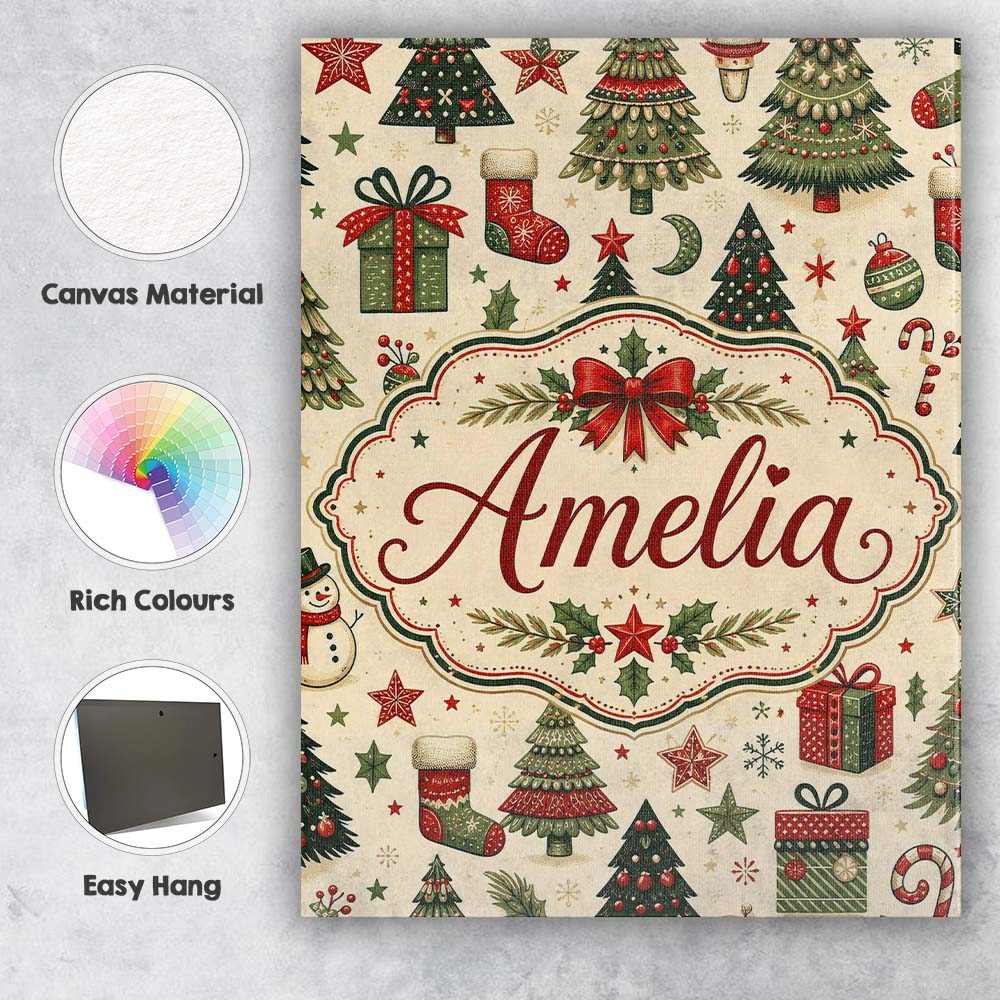 Personalised Name Elegant Christmas Trees Custom  Bespoke Decorative Contemporary Canvas Wall Art Print Decor Picture Ready to Hang
