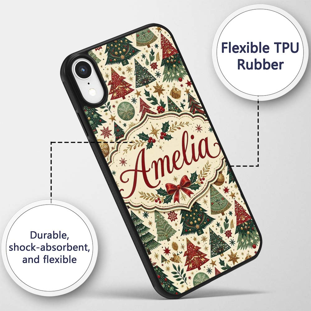 Vintage Christmas Trees Ornaments Stars Seamless Custom Name Protective Phone Case Mobile Cover Durable Everyday Smartphone Shock Resistant