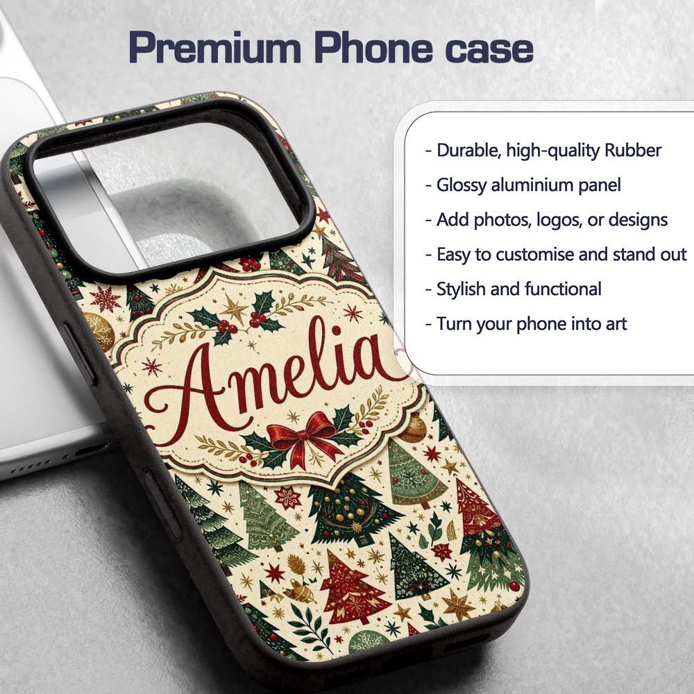 Vintage Christmas Trees Ornaments Stars Seamless Custom Name Protective Phone Case Mobile Cover Durable Everyday Smartphone Shock Resistant