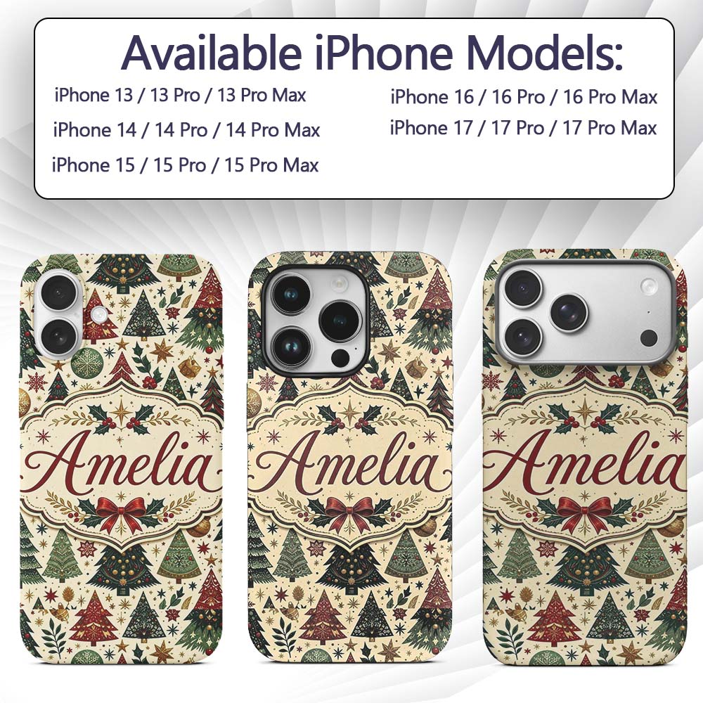 Vintage Christmas Trees Ornaments Stars Seamless Custom Name Protective Phone Case Mobile Cover Durable Everyday Smartphone Shock Resistant