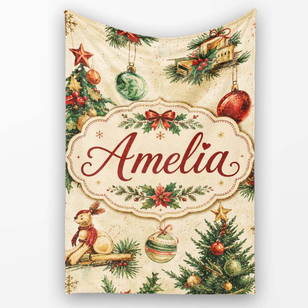 Vintage Christmas Tree Wreath Baubles Rustic Holiday Seamless Lovely  Personalised Custom Name Super Soft Fleece Blanket Bed Sofa Throw