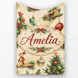 Vintage Christmas Tree Wreath Baubles Rustic Holiday Seamless Lovely  Personalised Custom Name Super Soft Fleece Blanket Bed Sofa Throw