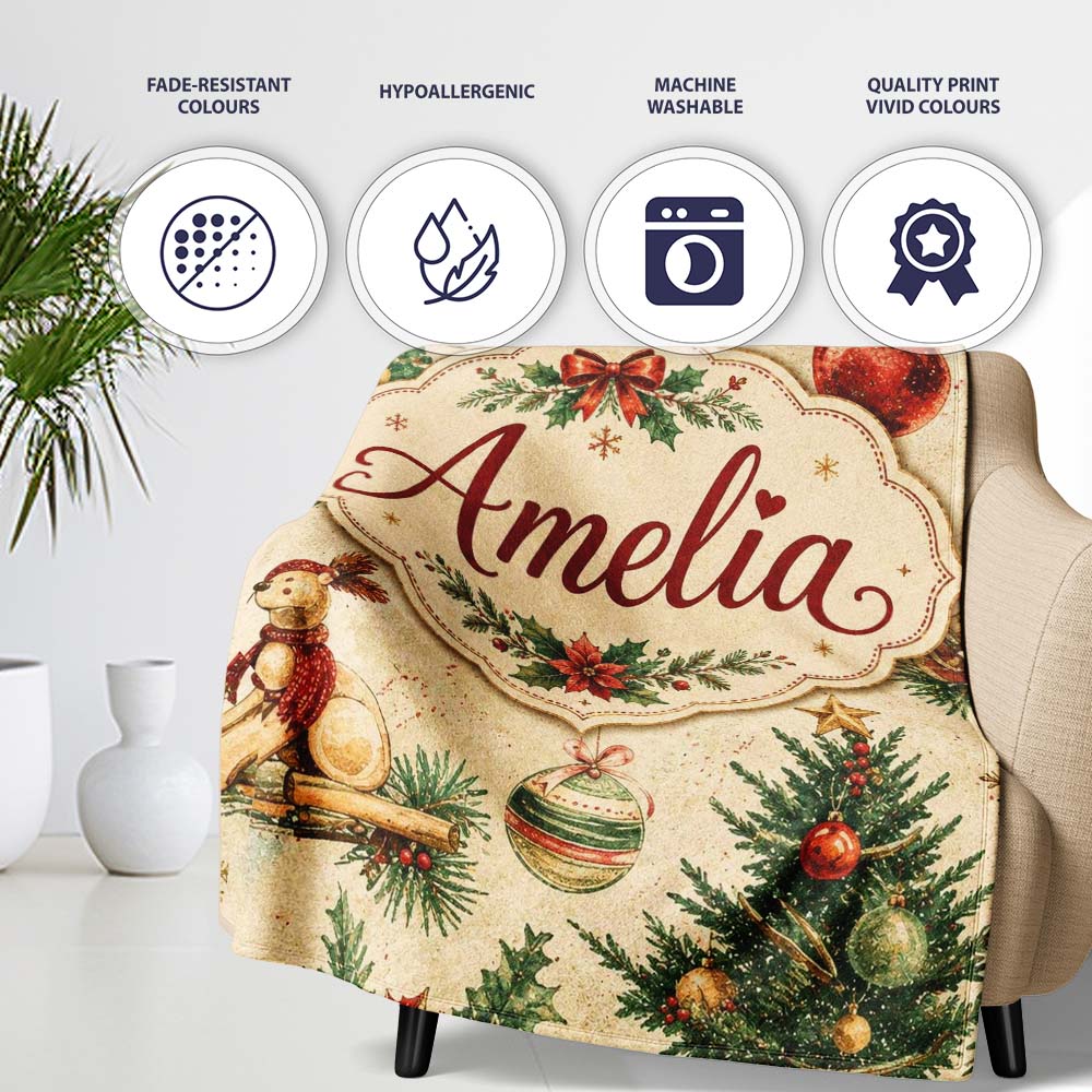 Vintage Christmas Tree Wreath Baubles Rustic Holiday Seamless Lovely  Personalised Custom Name Super Soft Fleece Blanket Bed Sofa Throw