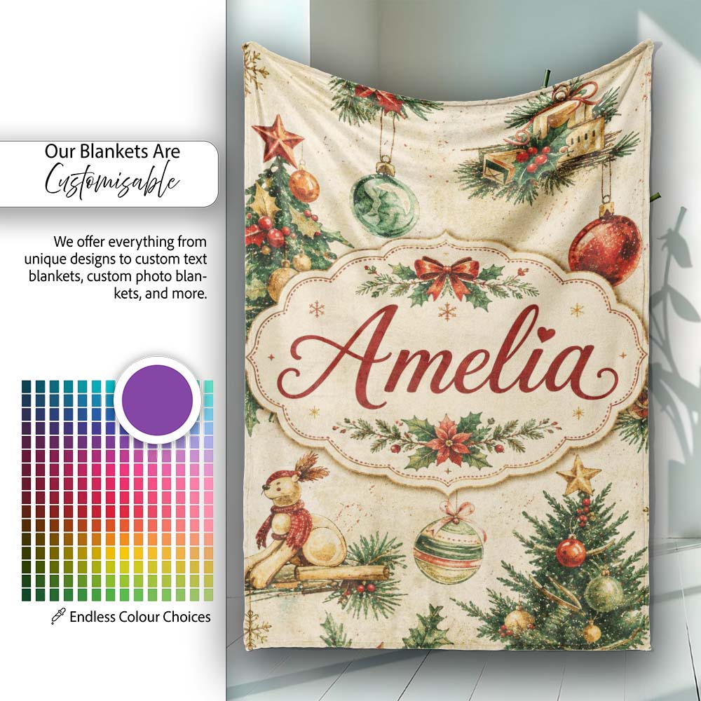 Vintage Christmas Tree Wreath Baubles Rustic Holiday Seamless Lovely  Personalised Custom Name Super Soft Fleece Blanket Bed Sofa Throw