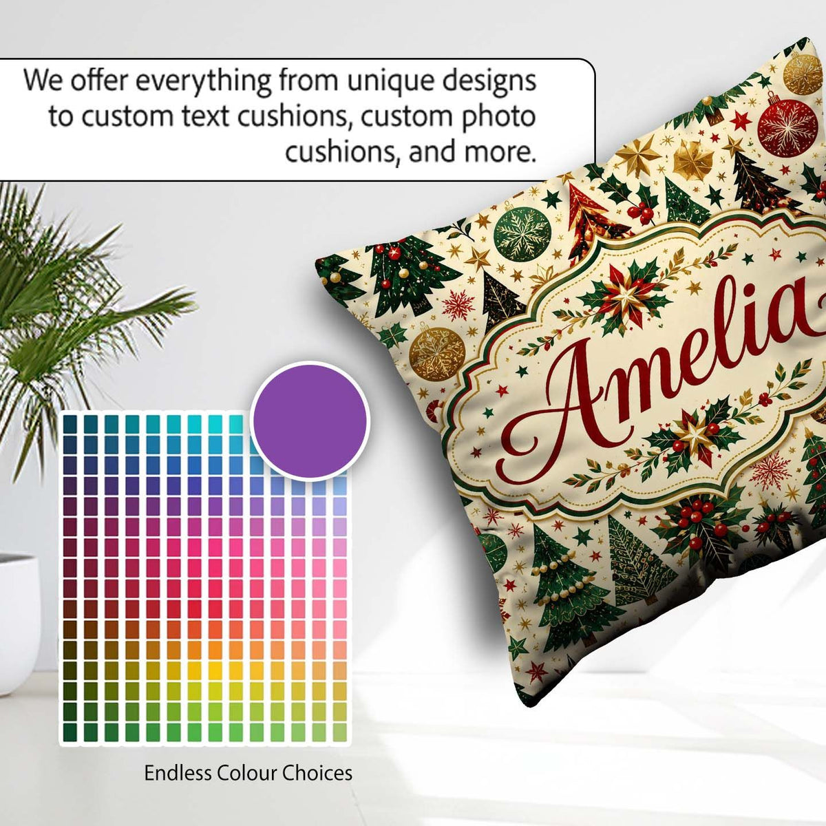 Custom Name Festive Trees Stars Baubles Holiday Seamless Pattern Square Filled Cushion Throw Pillow Sofa Bed Home Decor Zip Washable UK Made