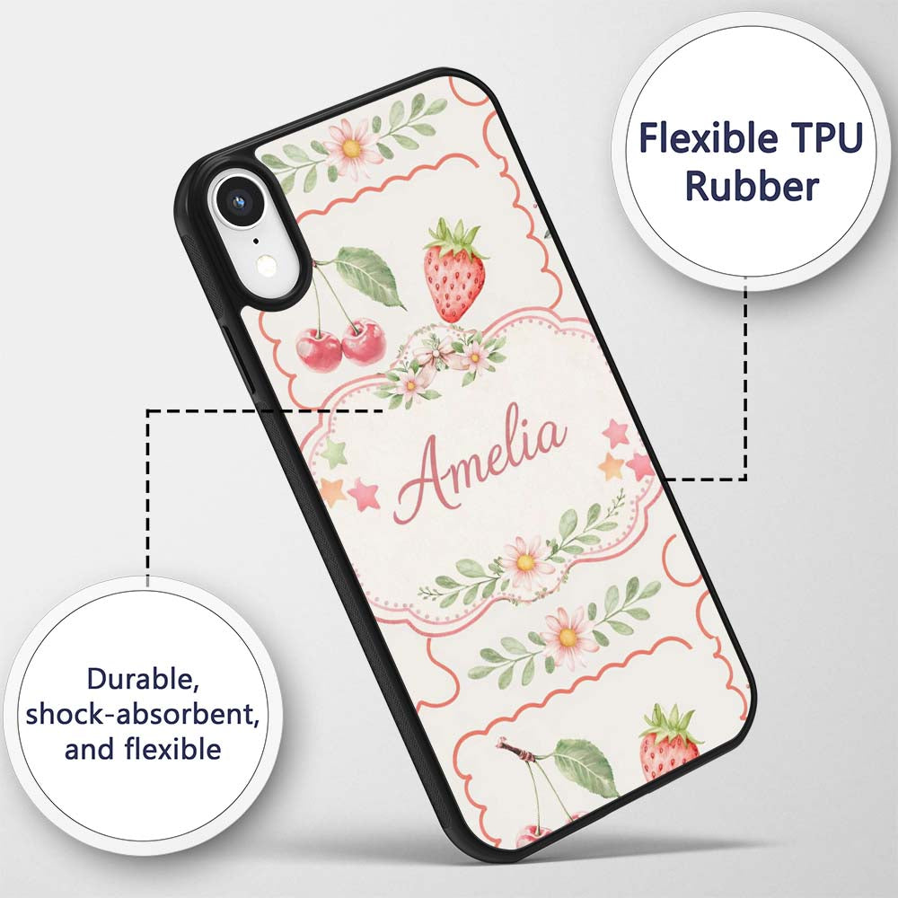 Strawberry Cherry Bow Seamless Printed Design Custom Name Protective Phone Case Mobile Cover Durable Everyday Smartphone Shock Resistant