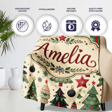 Christmas Trees Stars Gifts Ornaments Seamless Pattern Holiday  Personalised Custom Name Super Soft Fleece Blanket Bed Sofa Throw