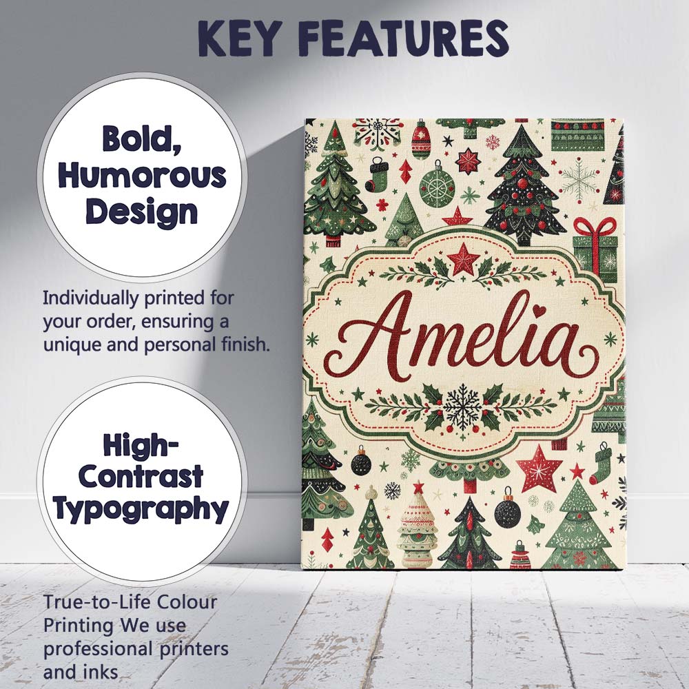 Personalised Name Christmas Trees Stars Custom  Modern Room Accent Elegant Feature Canvas Wall Art Print Decor Picture Ready to Hang