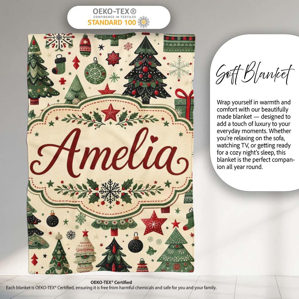 Christmas Trees Stars Gifts Ornaments Seamless Pattern Holiday  Personalised Custom Name Super Soft Fleece Blanket Bed Sofa Throw