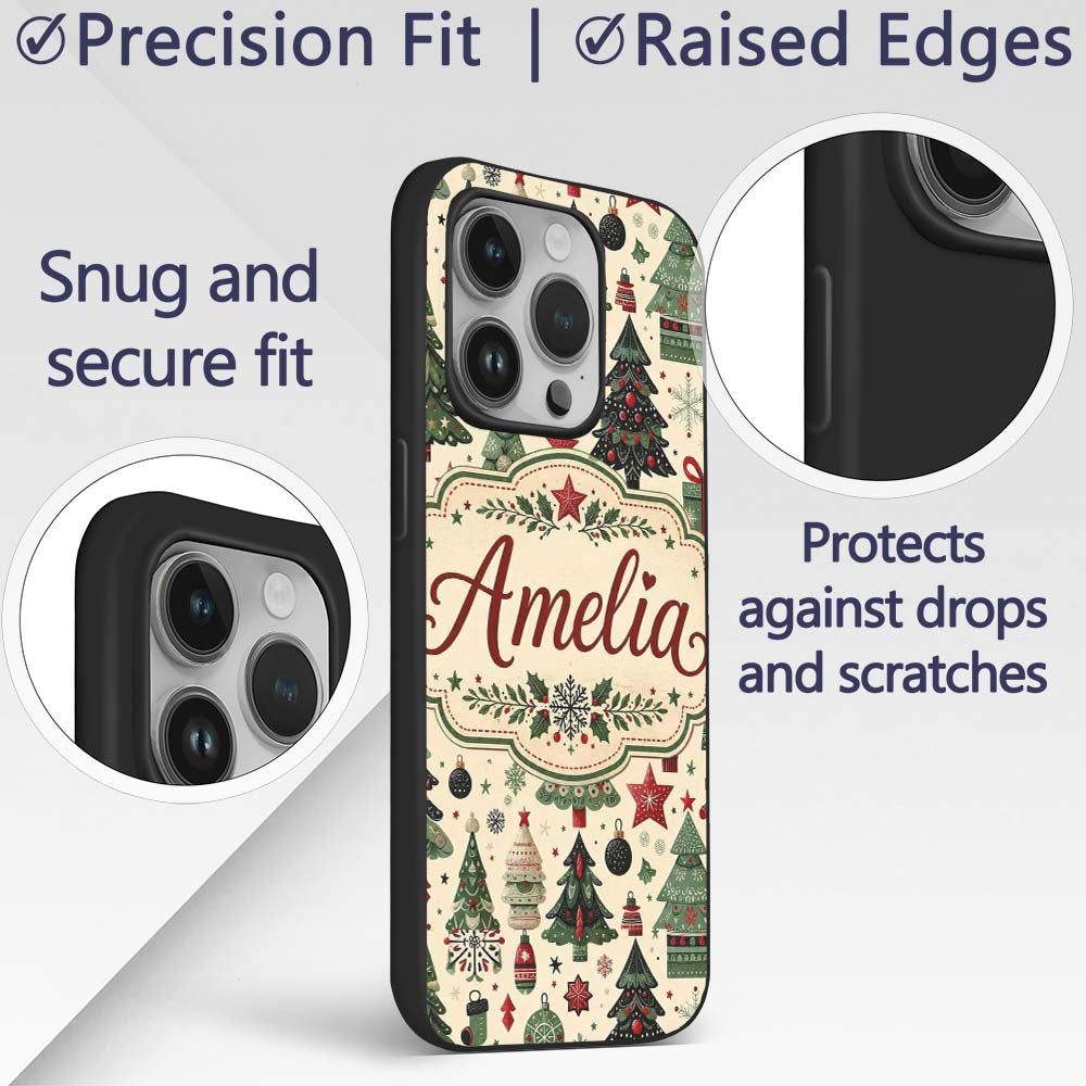 Christmas Trees Stars Gifts Ornaments Seamless Custom Name Protective Phone Case Mobile Cover Durable Everyday Smartphone Shock Resistant