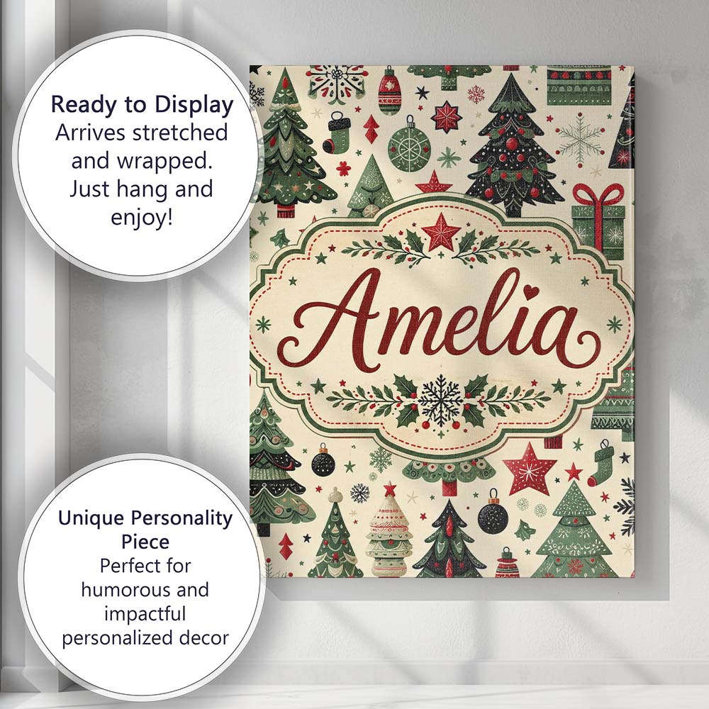Personalised Name Christmas Trees Stars Custom  Modern Room Accent Elegant Feature Canvas Wall Art Print Decor Picture Ready to Hang