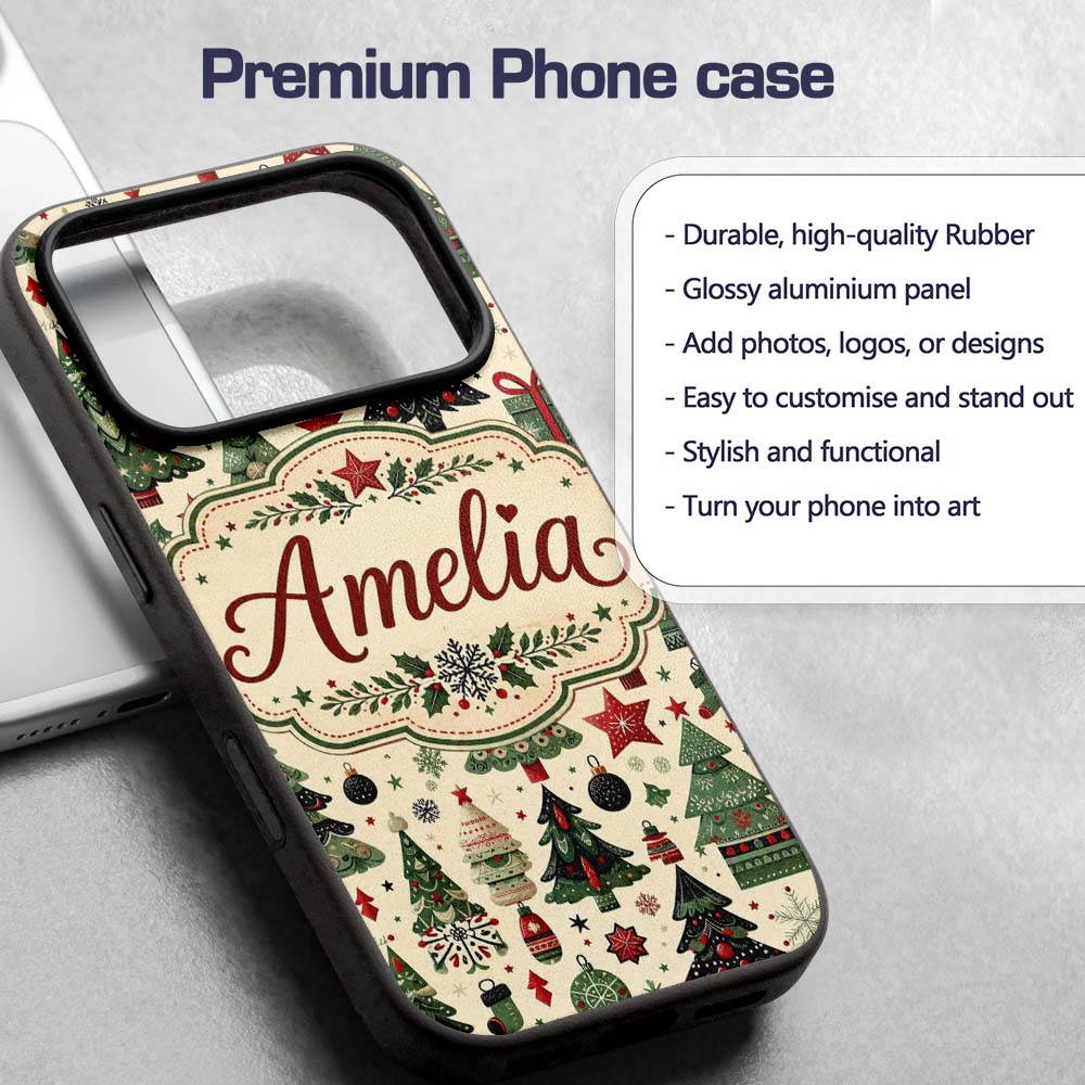 Christmas Trees Stars Gifts Ornaments Seamless Custom Name Protective Phone Case Mobile Cover Durable Everyday Smartphone Shock Resistant