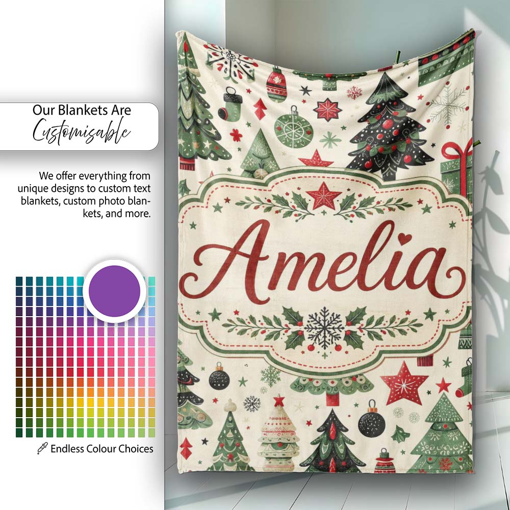 Christmas Trees Stars Gifts Ornaments Seamless Pattern Holiday  Personalised Custom Name Super Soft Fleece Blanket Bed Sofa Throw