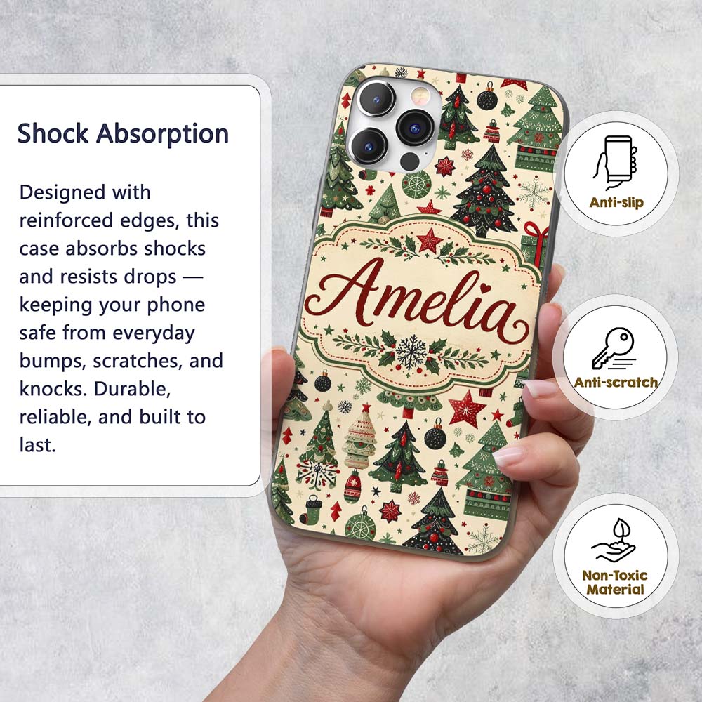 Christmas Trees Stars Gifts Ornaments Seamless Custom Name Protective Phone Case Mobile Cover Durable Everyday Smartphone Shock Resistant