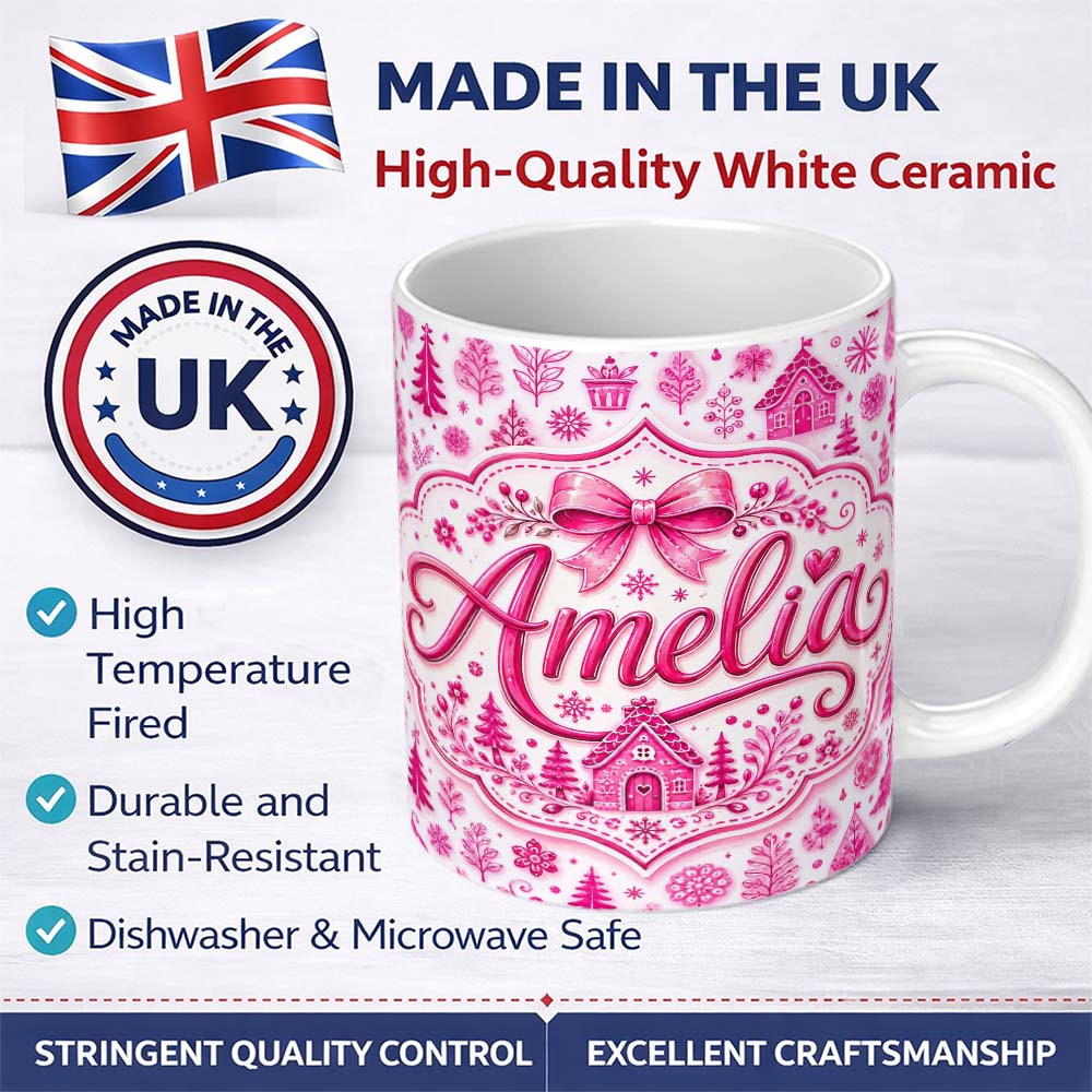 Personalized Custom Name Cute Pink Christmas Icon Doodle Holiday Seamless Pattern Lovely 11oz Ceramic Coffee Tea Mug White Large Handle