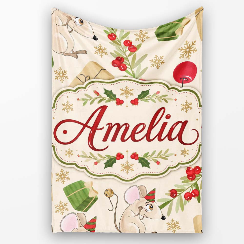 Cute Mouse Gifts Berries Snowflakes Seamless Pattern Festive Holiday  Personalised Custom Name Super Soft Fleece Blanket Bed Sofa Throw