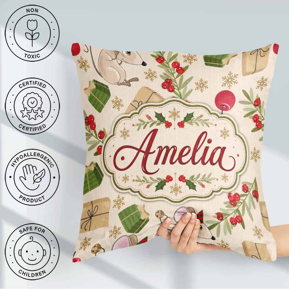 Custom Name Mouse Gifts Berries Seamless Pattern Festive Holiday Square Filled Cushion Throw Pillow Sofa Bed Home Decor Zip Washable UK Made