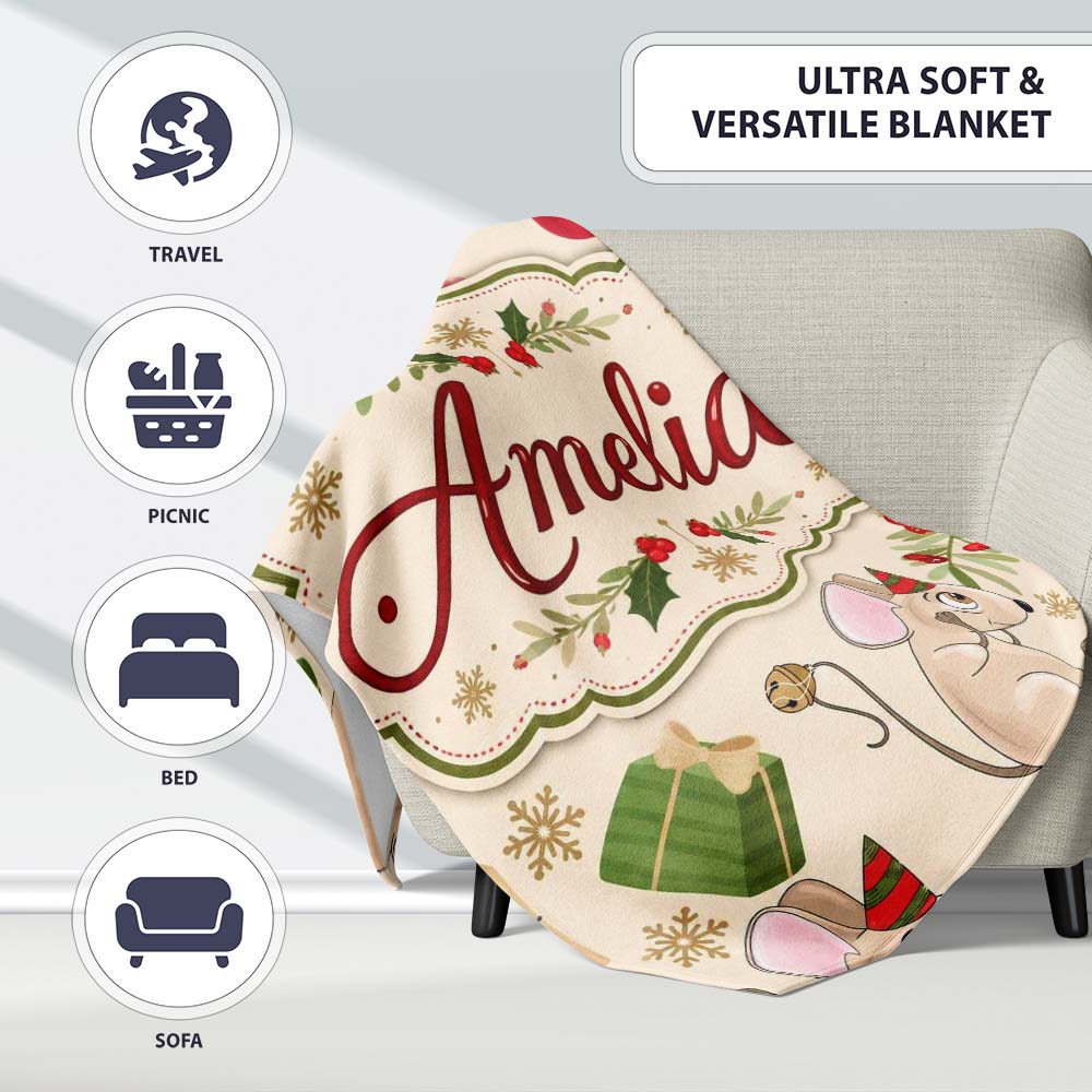 Cute Mouse Gifts Berries Snowflakes Seamless Pattern Festive Holiday  Personalised Custom Name Super Soft Fleece Blanket Bed Sofa Throw