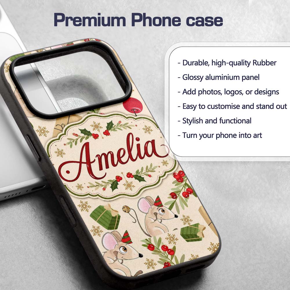 Cute Mouse Gifts Berries Snowflakes Seamless Custom Name Protective Phone Case Mobile Cover Durable Everyday Smartphone Shock Resistant