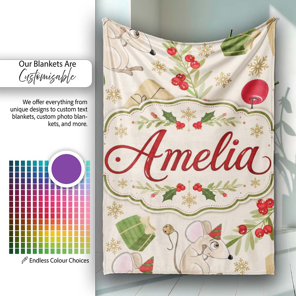 Cute Mouse Gifts Berries Snowflakes Seamless Pattern Festive Holiday  Personalised Custom Name Super Soft Fleece Blanket Bed Sofa Throw