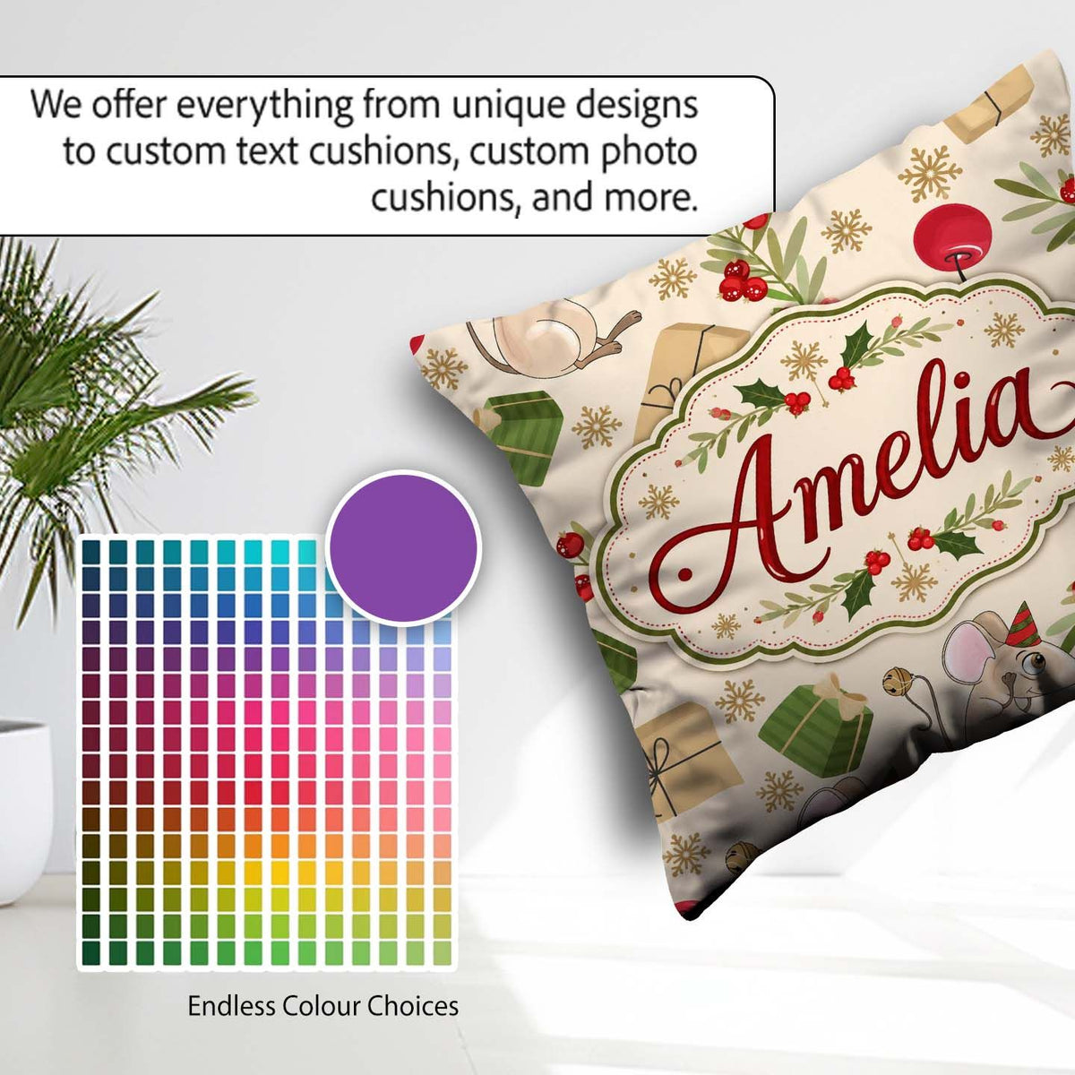 Custom Name Mouse Gifts Berries Seamless Pattern Festive Holiday Square Filled Cushion Throw Pillow Sofa Bed Home Decor Zip Washable UK Made