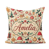 Custom Name Christmas Tree Cane Baubles Seamless Pattern Festive Square Filled Cushion Throw Pillow Sofa Bed Home Decor Zip Washable UK Made