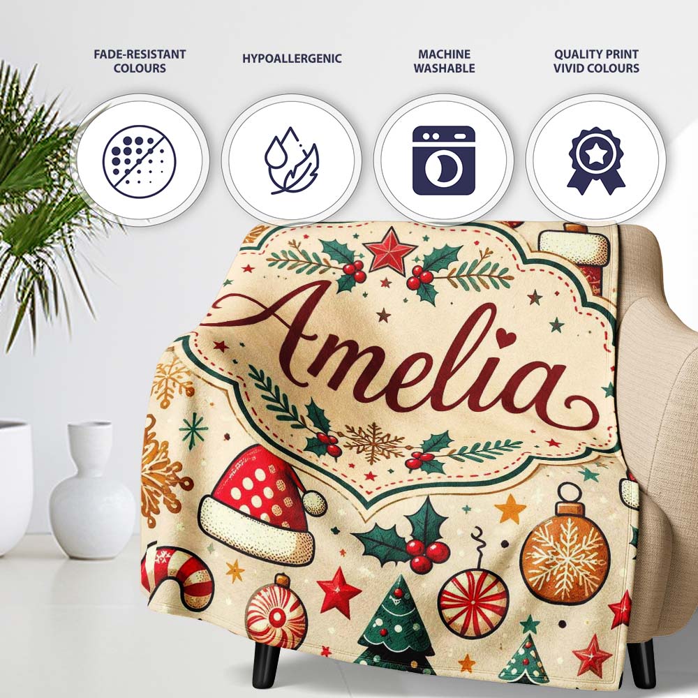 Christmas Tree Candy Cane Baubles Seamless Pattern Festive Holiday  Personalised Custom Name Super Soft Fleece Blanket Bed Sofa Throw